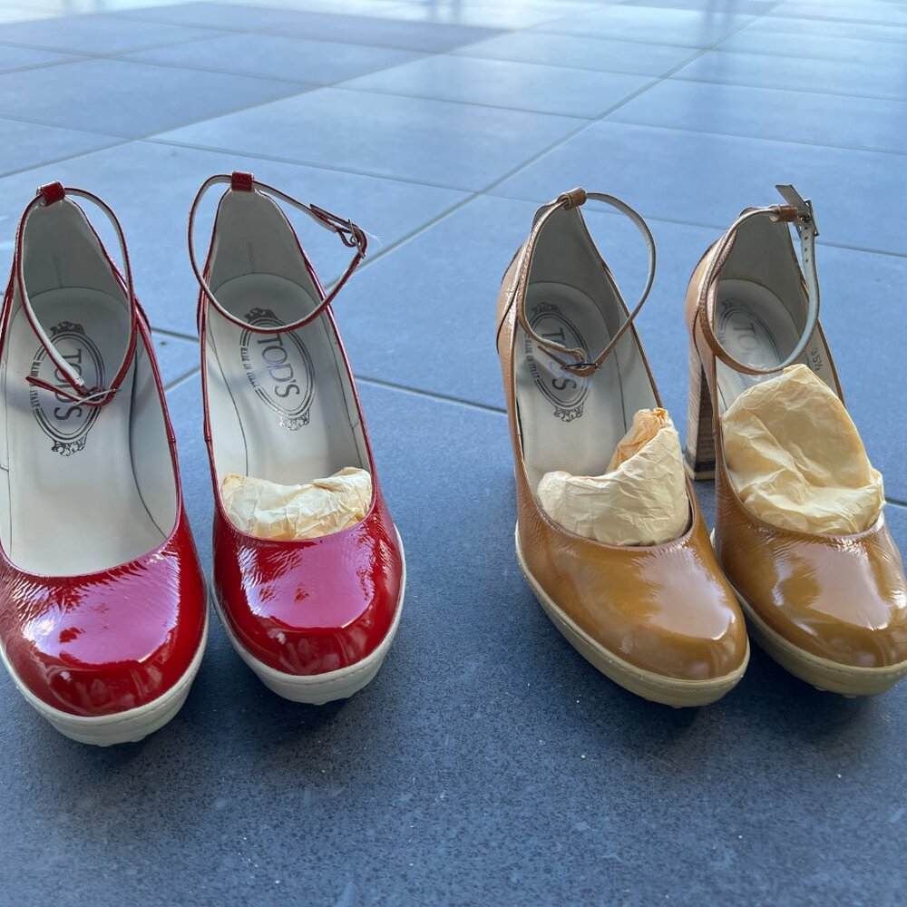 Two pairs of vintage TOD'S  high heel platform pumps, Red & Tan, Size 5.5